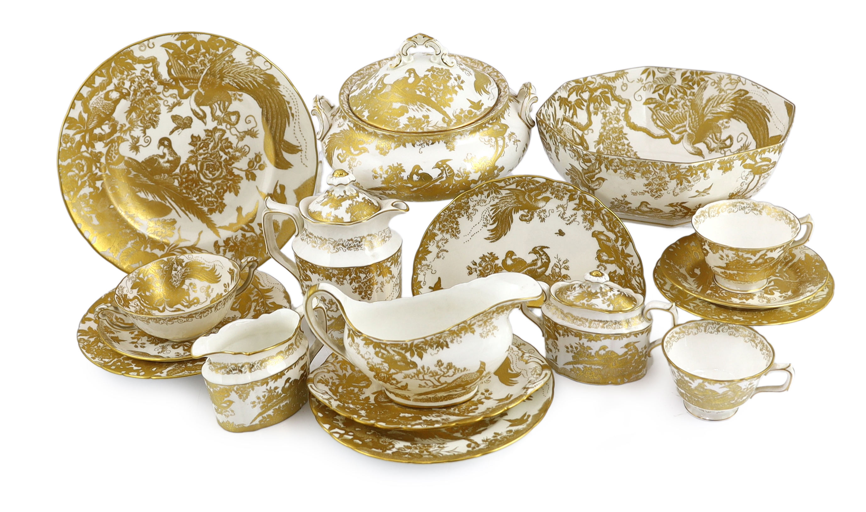 An extensive Royal Crown Derby Gold Aves dinner and tea service